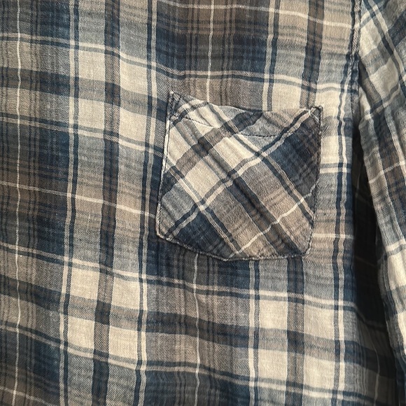 Anthropologie taupe and blue tie back plaid long sleeve blouse XS cloth & stone - Picture 2 of 4